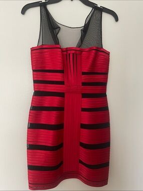 BCBGMaxAzria Red and Black Mesh-Inset Bandage Mini Dress